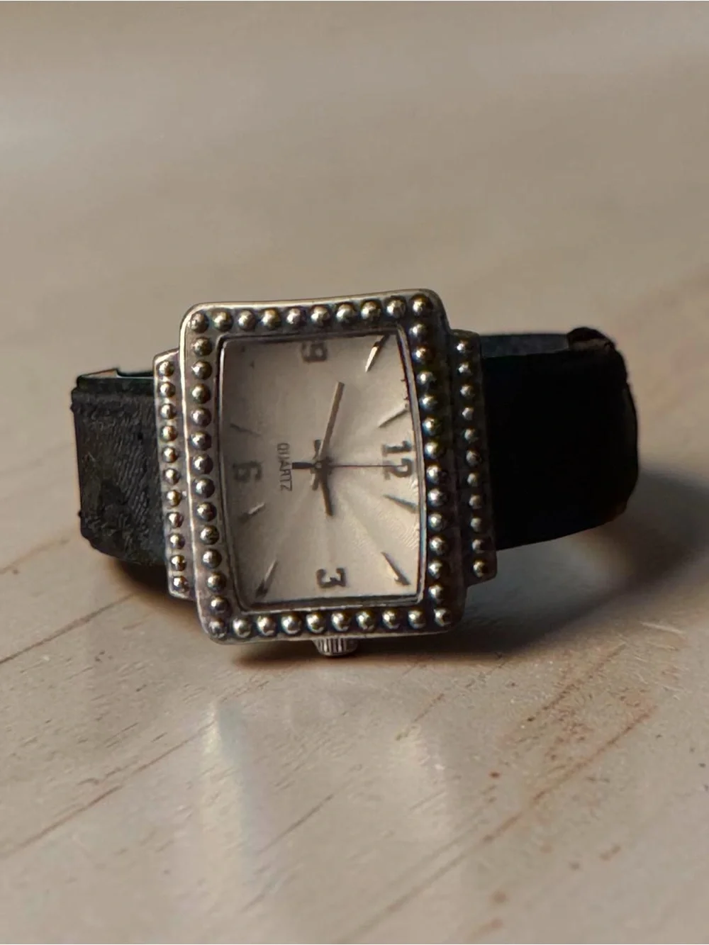 Classic Black Textile Band Silver-Tone Beaded Quartz Watch